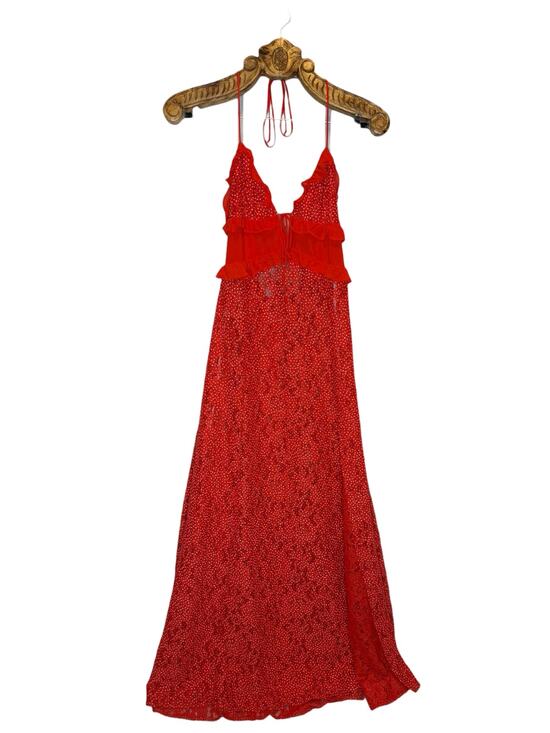 For Love And Lemons Dresses & Skirts - For Love and Lemons Leila Long Midi Dress Red Lace Side Slit Sheer Ruffles M